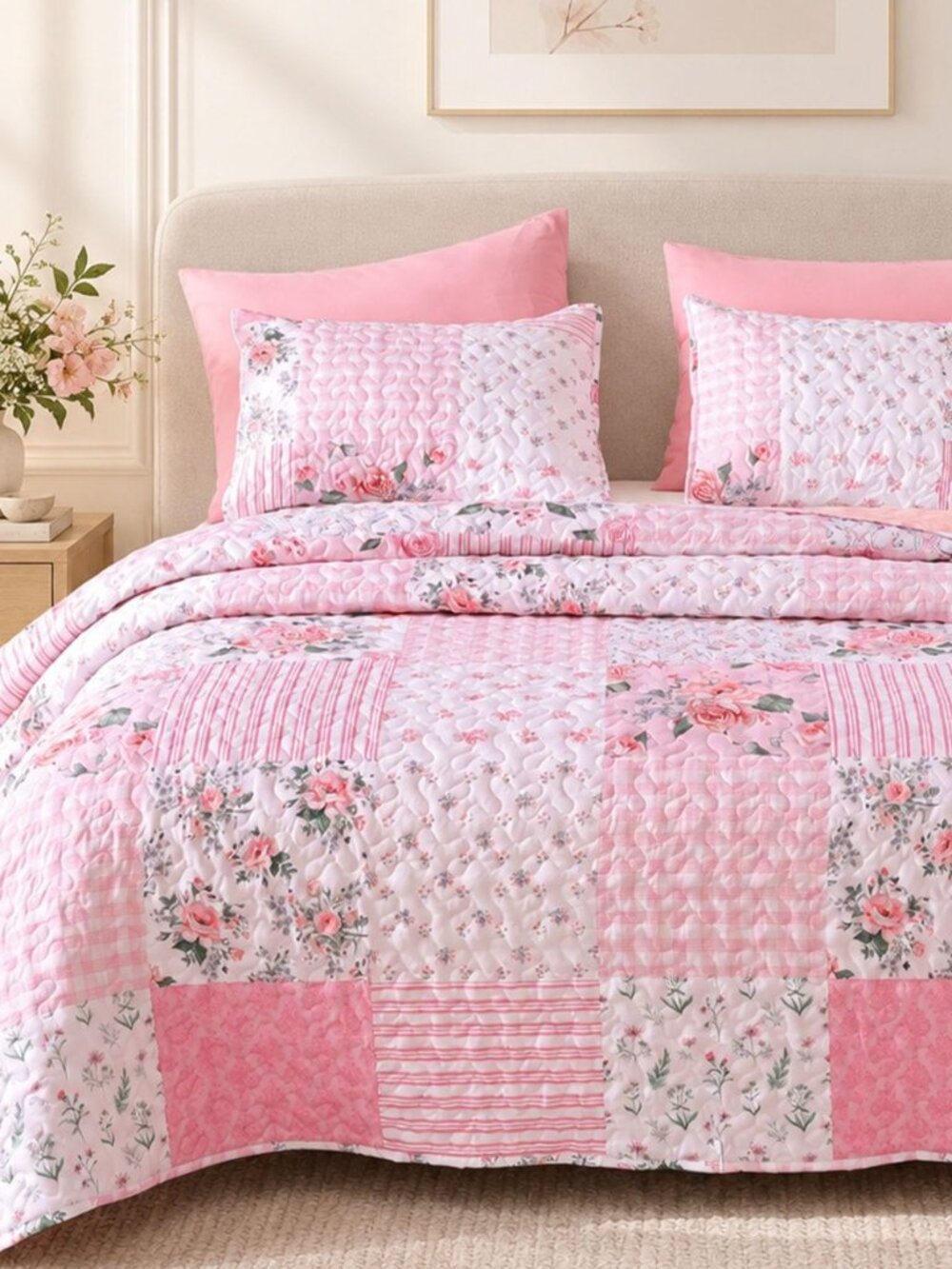 Floral Quilt Set Queen Size – Ultra Soft Lightweight Bedspread, 3 Piece Pink